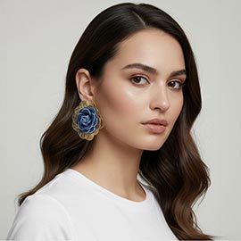 Denim Flower Accent Metal Cutout Flower Statement Earrngs