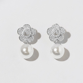 White Gold Dipped CZ Pave Flower Pearl Drop Earrings