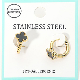 Stainless Steel Quatrefoil Accent Huggie Hoop Earrings