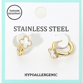 Stainless Steel Quatrefoil Accent Huggie Hoop Earrings