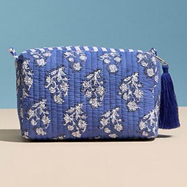 Floral Pattern Quilted Tassel Portable Cosmetic Pouch Bag