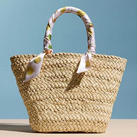 Fruit Print Fabric Scarf Wrapped Handle Raffia Tote Bag