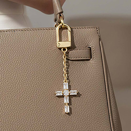 Gold Dipped CZ Cross Drop Keychain Bag Charm