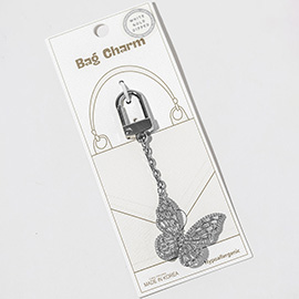 White Gold Dipped CZ Pave Butterfly Drop Keychain Bag Charm