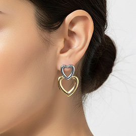 Gold Dipped Two Tone Double Open Heart Drop Earrings