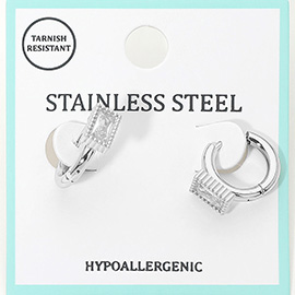 Stainless Steel Baguette Stone Accent Mini Huggie Hoop Earrings