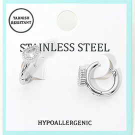 Stainless Steel Teardrop Stone Accent Mini Huggie Hoop Earrings