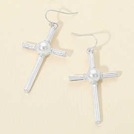 Pearl Accent Chunky Textured Cross Drop Dangle Earrings