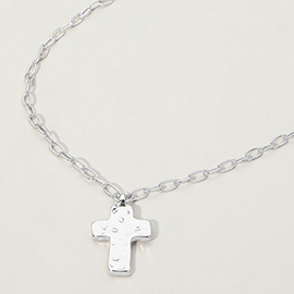 Hammered Metal Cross Charm Pendant Paperclip Chain Necklace