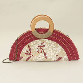 Wooden Handle Floral Pattern Handwoven Half-Moon Straw Clutch Crossbody Bag