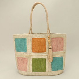 Straw Woven Patchwork Wooden Tassel Tote Bag