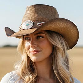 Vintage turquoise Concho Beaded Band Western Straw Cowboy Hat