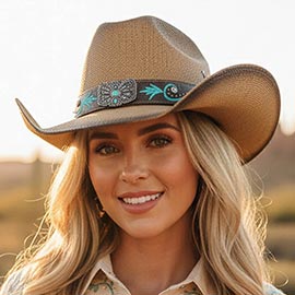 Butterfly Concho TUrquoise Bloom Band Distressed Western Straw Cowboy Hat
