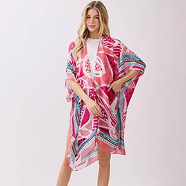 Abstract Botanical Print Silky Feel Kimono Poncho