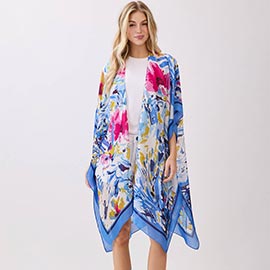 Abstract Floral Print Silky Feel Kimono Poncho