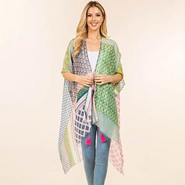 Geometric Patchwork Pattern Open Front Long Kimono Poncho