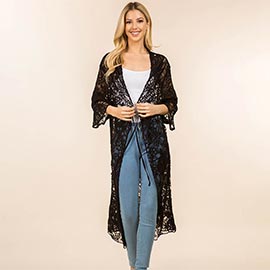 Floral Lace Open Tie Front Long Kimono Poncho