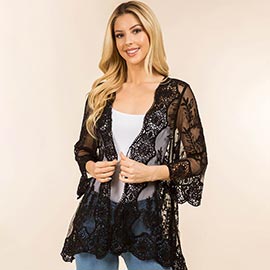 Floral Lace Open Front Kimono Poncho Cardigan