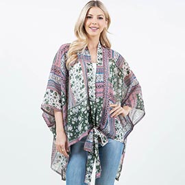 Lightweight Short Sleeves Floral Patchwork Pattern Open Front Kimono Poncho