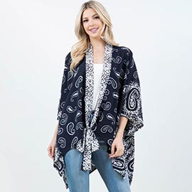Lightweight Short Sleeves Paisley Pattern Open Front Kimono Poncho