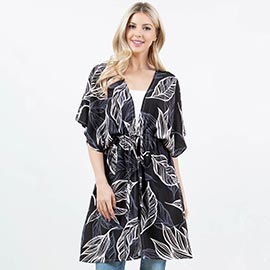 Leaf Print Drawstring Kimono Wrap Poncho